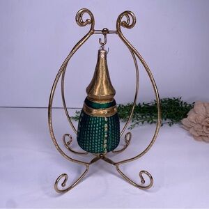 Vintage Czech Republic Hand Blown Glass Ornament Green Gold & Glittery